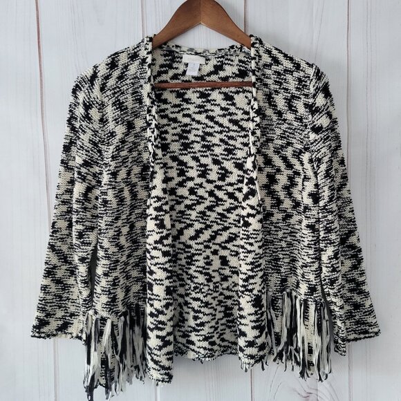 Chico’s Cardigan Textured Knit Sweater w/ Fringe, Black/White, Women’s Plus Sz 1 - Picture 1 of 6